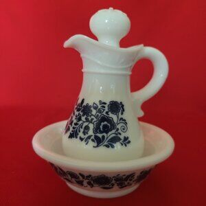 Vintage Avon Milk Glass Blue Flowers Skin So Soft Bath Oil Pitcher Bowl Set